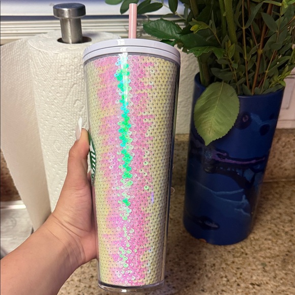 Starbucks | Sequin White Tumbler with Pink Straw and Green Logo - Picture 8 of 16